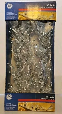 GE 9 FT GLITTER GEM GARLAND W/ 100 CONSTANT ON LIGHTS 754368, CLEAR WHITE *NIOB - Image 1 of 4