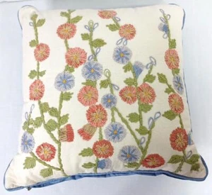 Pier 1 Imports Floral Crewel Embroidered Pillow 16" Square Blue Satin Back - Picture 1 of 10