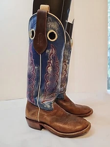 Olathe Women's Tall Cowboy Boots Size 5 1/2 B Blue And Brown Leather Handmade - Picture 1 of 14