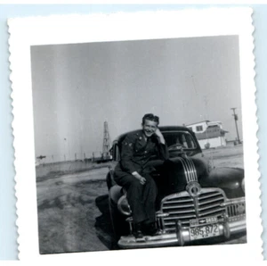 Vintage Photo 1940s, WW2 Army Soldier Dressed, posed on Antique Truck , 3x3 - Picture 1 of 2