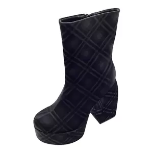 Womens Black Faux Leather High Heel Platform Checkered Ankle Boots Size UK 5 New - Picture 1 of 9