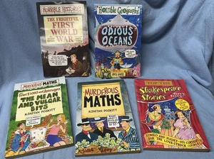 Lot 5 HORRIBLE HISTORY Geography MURDEROUS MATHS Homeschool PB Book 90s GUC - Picture 1 of 2