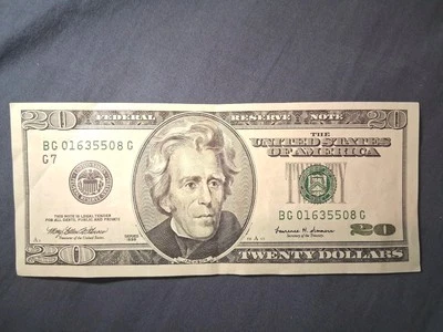 1999 $20 Twenty Dollar Bill Federal Reserve Note, Serial # BG01635508G Vintage - Image 1 of 3