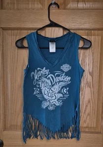 Harley Davidson Damen Medium grünlich blau Fransen V-Ausschnitt ärmellos Tank gebraucht, in einwandfreiem Zustand - Bild 1 von 4