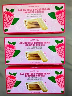 3 Packs Trader Joe's All Butter Shortbread Sandwich Cookies Raspberry Filled - Image 1 of 2