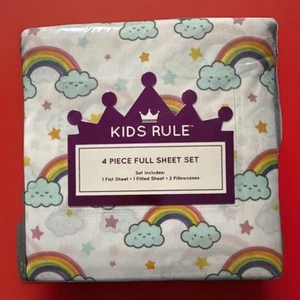 4-Piece Multicolored Rainbow Sheet Set for Girls & Kids - 1 Full Flat Sheet, - Picture 1 of 3