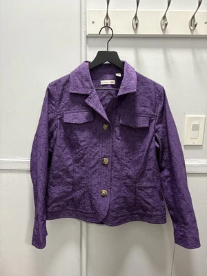 Coldwater Creek Jacket Womens 16 Purple Floral Jacquard Button Front Trucker - Image 1 of 4