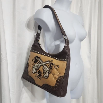 Montana West Purse Cowgirl Rhinestone Studs 3D Pistol Brown Beige Faux Leather - Image 1 of 4