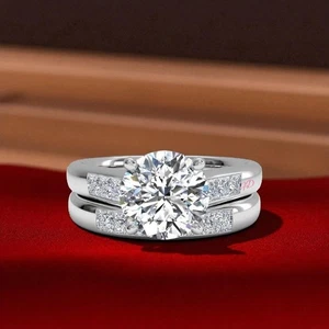 Diamond Ring Set Women Wedding 2 Carat IGI Lab Grown Round Cut  14K White Gold - Picture 1 of 11