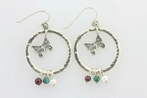 Shablool Didae Israel 925 Dangling Butterfly Bead Stones Hammered Style Earrings - Picture 1 of 8