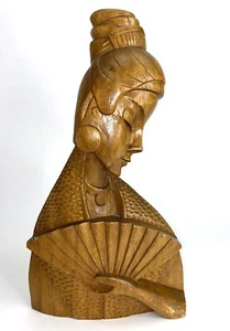 VTG 12" Hand Carved Wood Asian Lady w/ Fan Figure Santa Clara Manilla P I Signed - Picture 1 of 12