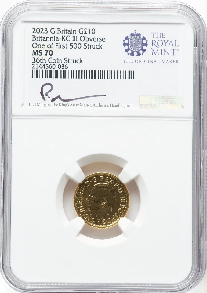 2023 £10 Gold Britannia 1/10 oz Charles III NGC MS70 One of First 500 Struck - Image 1 of 3