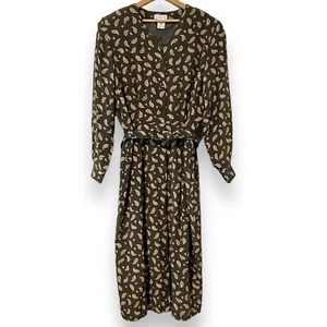 Talbots Vintage 80s Green Paisley Silk Belted Dress Size Womens 14 Shoulder Pads - Picture 1 of 14