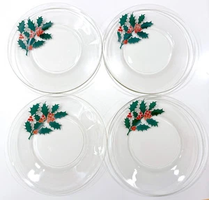 4er Set Libbey Weihnachten Glas Teller Grün Stechpalme Rot Beere MCM - Bild 1 von 3
