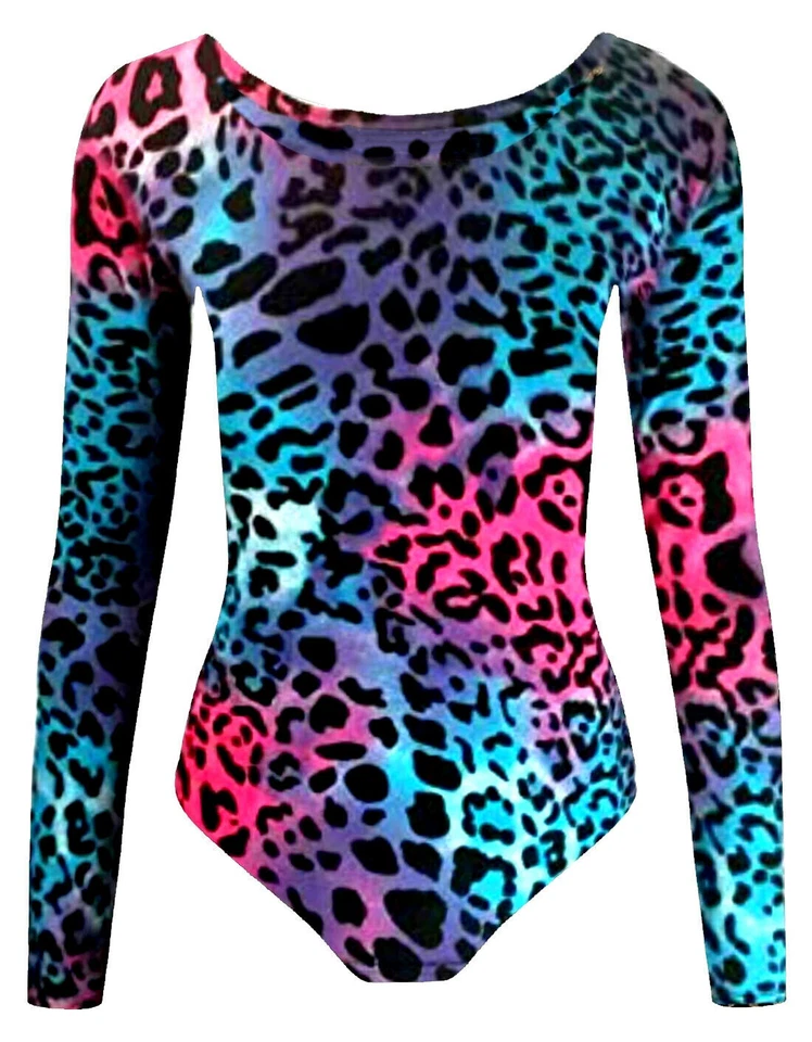 Girls Leopard Print Leotards Long Sleeve Dance Gymnastics Swimming Ballet Pe Top - Image 1 of 1