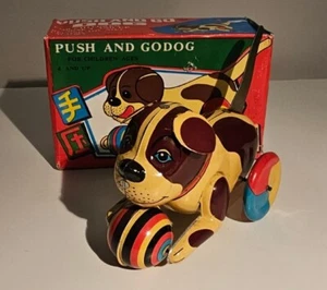 Vintage PUSH AND GO DOG WIND UP TIN With Box 1960's Dogs Puppy Tinplate Toy - Picture 1 of 21