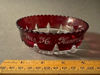 EAPG RUBY STAINED MRS. H HUMMEL ANTIQUE GLASS TIDBIT BOWL CANDY NUT DISH ASHTRAY - Image 1 of 4