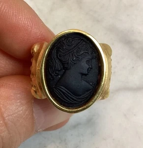 Vintage Gold Plated Onyx Cameo Signet Intaglio Ring Size 6.75 - Picture 1 of 22