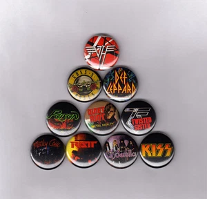 BOTONES DE PINES DE 1" PARA CABELLO/GLAM METAL con VAN HALEN KISS POISON CRUE GnR RATT años 1980 - Imagen 1 de 4