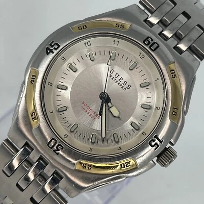 Vintage Guess Water Pro Men's Watch Silver & Gold Tone Band & Dial NEW BATTERY - Image 1 of 4