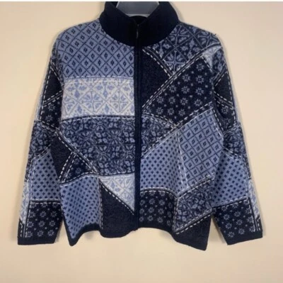 Talbots Vintage 100% Merino Wool Patchwork Stitch Geometric Zip Up Sweater M - Изображение 1 из 4