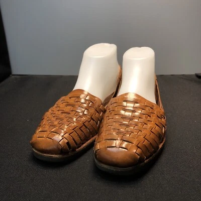 EUC US7 SUNSTEPS VENETIAN HAND WOVEN BRN LEA HUARACHE SANDALS FLATS CASUAL SHOES - Image 1 of 4