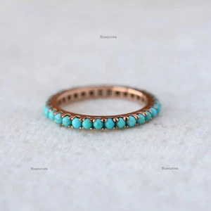 Solid 14k Rose Gold 1.45 ct Arizona Turquoise Gemstone Full Eternity Band Ring - Picture 1 of 9