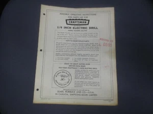 ☆Instrucciones de funcionamiento y lista de piezas de montaje Craftsman 1963 taladro eléctrico de 1/4" - Imagen 1 de 3