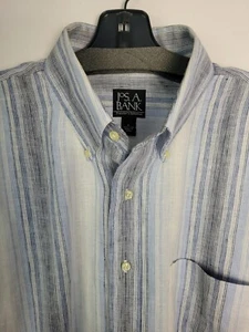 Jos A Bank Mens L Linen Shirt Blue Striped Beach Short Sleeve Relaxed Fit EUC - Picture 1 of 5