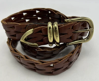 Vtg Belt Womens L 36 Brown Leather Linked Spain Gold Tone Hardwear 1.25" Wide - Image 1 of 4