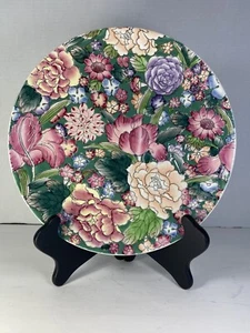 10.5" Chinese Porcelain Plate with Rich Jewel Tone Glazes Peonies - Picture 1 of 10