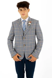 Traje a cuadros con ventana azul ajuste ajustado página niño boda conjunto de 3 piezas - Imagen 1 de 10
