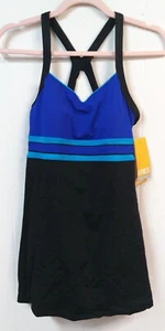Speedo NWT ($98) WM 8 Blue Black Colorblock Swim Dress Racer Back - Picture 1 of 9