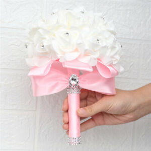Artificial Rose Crystal Soft Ribbons Wedding Bouquet for Bride Bridesmaids