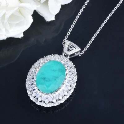 New Huge Oval Neon Blue Tourmaline Gems Classical Women Silver Necklace Pendants - Image 1 of 4