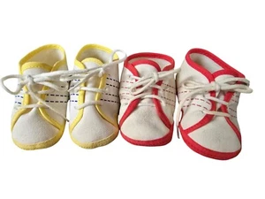 Vintage Infant Baby Shoes Crib Doll Soft Fabric Lace Up Yellow & Red - Two Pairs - Picture 1 of 3