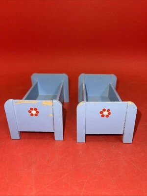 娃娃屋微型老式蓝色木质双人床一对1:12比例德国 — 第 1/4 张图片