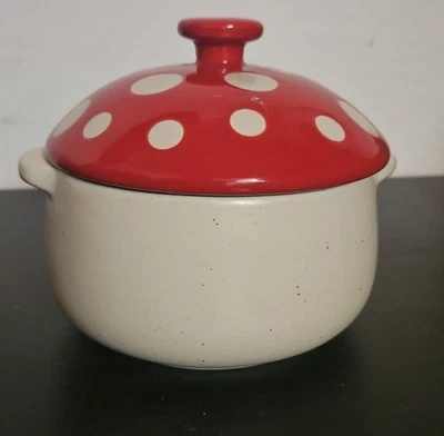 World Market Stoneware Red Mushroom mini crock lidded soup kitchenware dish - Image 1 of 4