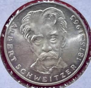 Moneda de 5 marcos Alemania 1975 G UNC PLATA .625 conmemorativa Albert Schweitzer - Imagen 1 de 4