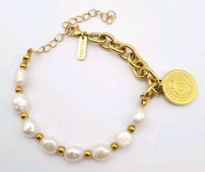St Benedict Coin Bracelet With Cultured Pearls & Gold Plated Chain 7 - 9" Blinks — 第 1/4 张图片