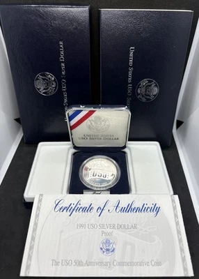 1991-S Proof USO 90% Silver Commemorative Dollar, OGP: Box, Sleeve, COA! - Image 1 of 4