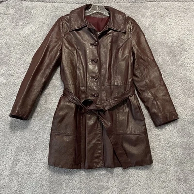 Abrigo de cuero vintage 24K para mujer pequeño borgoña con cinturón trinchera Dan di Modes EE. UU. Foto 1 de 4