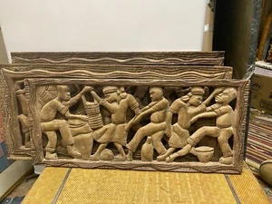 Juego de 3 paneles de madera tallada en relieve Hattiano jamaicano pueblo isla tribal vintage - Imagen 1 de 15