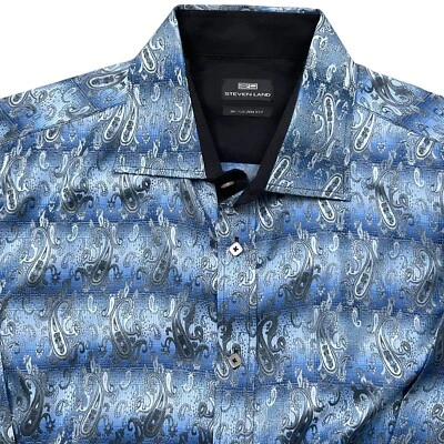 Camisa Steven Land Hombres 2X Azul Gris Cachemira Calce Moderno Fiesta Excelente Declaración Foto 1 de 4