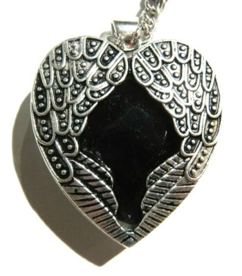 COLGANTE CORAZÓN GRANDE collar cadena larga ángel gótico alas pájaro gema plata T4 Foto 1 de 4