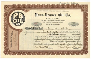 Penn-Beaver Oil Company. Certificato Stock. 1922 - Foto 1 di 1