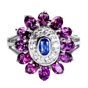 NATURAL KYANITE & RHODOLITE GARNET RING 925 STERLING SILVER 14K WGP SZ 8.5 - Picture 1 of 3