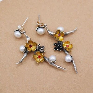 925 Sterling Silver Lovely Flower Blossoms Dangle Drop Stud Large Earrings A1779 - Picture 1 of 13