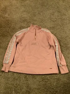 USED Justice Girls Sz 8 Pink Half Zip Long Sleeve Sweatshirt Pink Silver Lines  - Picture 1 of 5