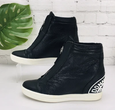 Donna Karan DKNY Women's Wedge Fashion Sneaker Size 8 Black Leather Zip Up Logo - Image 1 of 4